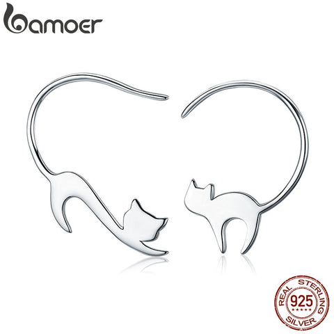 BAMOER Animal Collection 925 Sterling Silver Cute Napping Little Cat Drop Earrings for Women Sterling Silver Jewelry Gift SCE073
