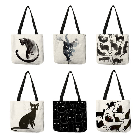 Black Cat Printed Linen Tote Bags